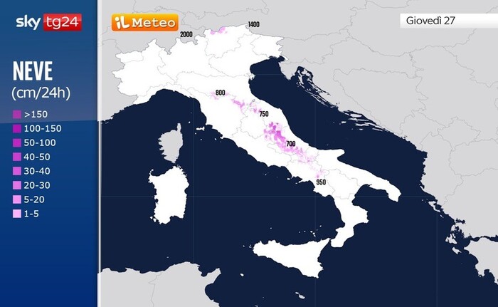 Le zone in cui nevicherà e gli accumuli previsti