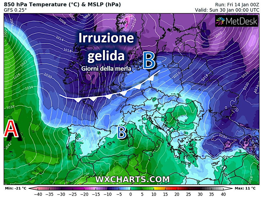 Ipotesi di un'ondata di gelo proprio in concomitanza con i giorni del merlo (fine gennaio)