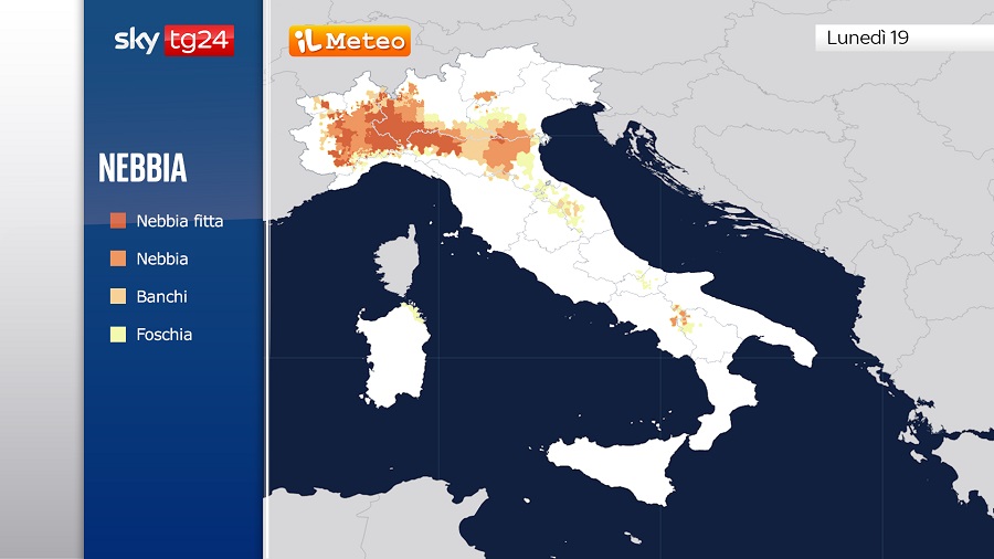 Le zone maggiormente a rischio nebbia nella giornata di Lunedì 19 Dicembre