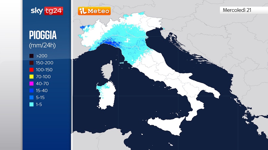 Le precipitazioni previste per la giornata di Mercoledì 21 Dicembre