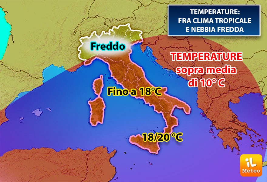 Italia divisa in due con clima mite al centro sud e fredda nebbia al nord