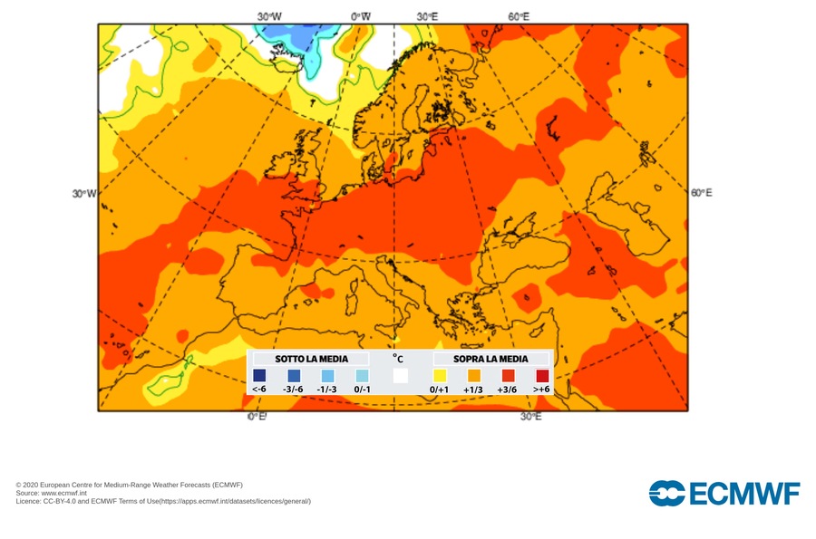 Temperature sopra la media climatica ad Agosto (fonte: ECMWF)